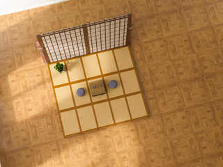 Japanese tea ceremony setup in minimalist room with tatami and screen