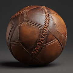 A detailed view of a leather soccer ball with stitched panels.