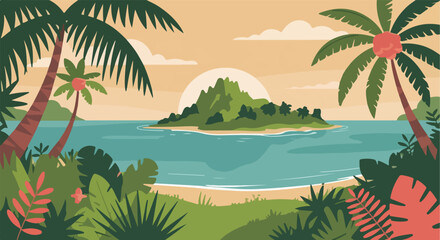 Obraz premium Illustration of a tropical island with palm trees and a sunset view