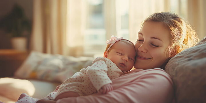 Happy mother lying in hospital bed after delivery, lovingly holding her newborn baby wrapped in a hospital blanket, showing emotional connection and the first moments of motherhood - Powered by Adobe