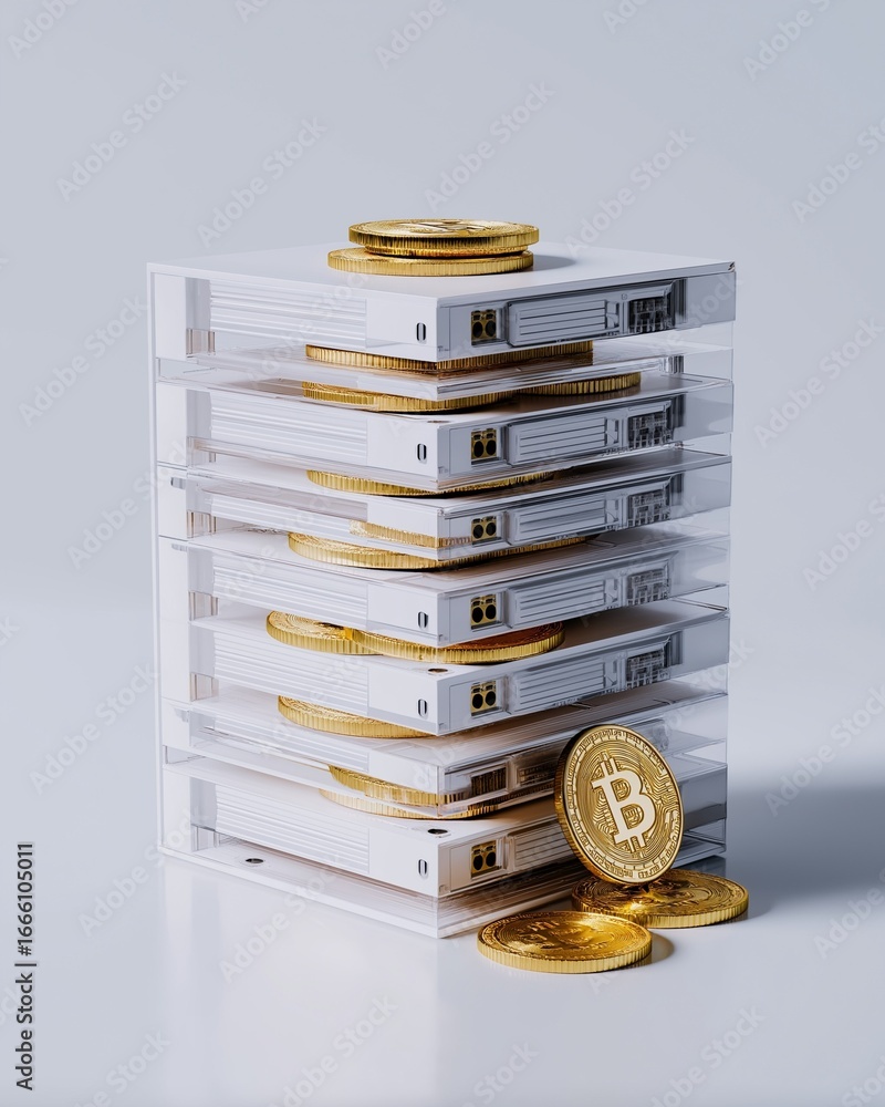 Aufkleber a stack of transparent storage devices featuring bitcoin coins, symbolizing digital currency and mod