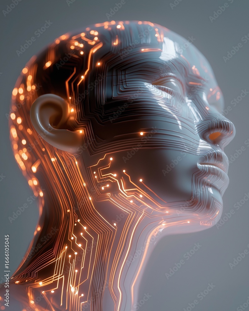 Poster a futuristic mannequin head with glowing circuit patterns, symbolizing the intersection of technolog