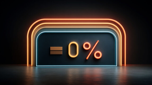 Neon glowing equal zero percent discount sign futuristic business finance technology background - Powered by Adobe