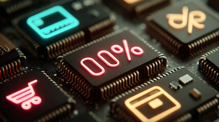 Zero percent glowing neon discount sign futuristic chip circuit shopping ecommerce design