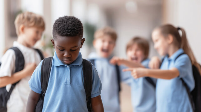 Sad boy stands alone while other children mock and laugh, capturing the emotional impact of bullying, exclusion and peer pressure in a school environment. Selective focus.