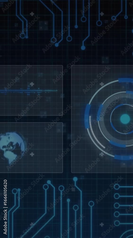 Poster animation of data processing and connections over black background