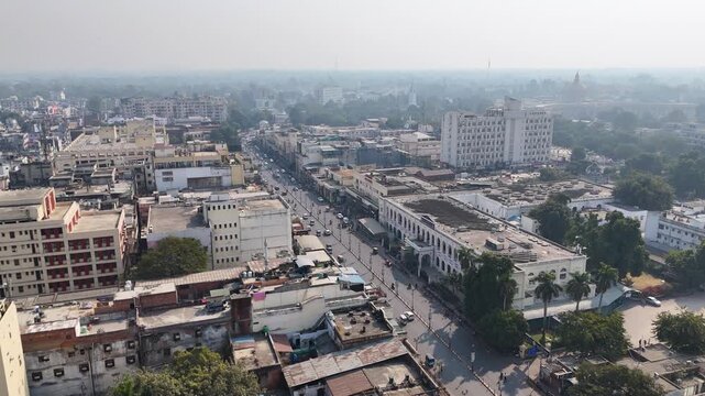 Aerial shot of a busy city lucknow in india particularly showing hazratganj which is a famous shopping place