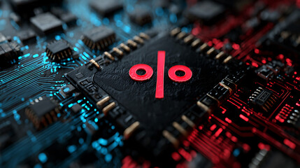 Obraz premium Percent symbol glowing in red on futuristic chip digital circuit finance technology background