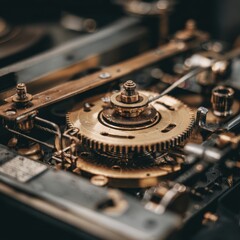Intricate details of a vintage record player mechanism.