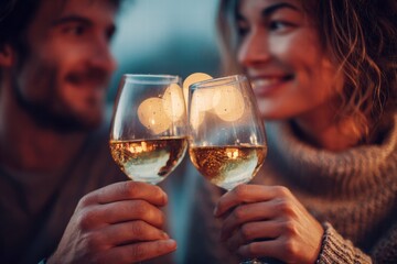 A couple enjoys a romantic evening, toasting with glasses of white wine.