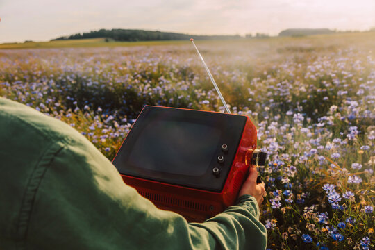 Woman in stylish clothes holding red retro TV in summer wildflower meadow