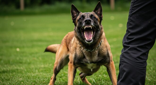 Aggressive Belgian Malinois barks with green grass background, and training.