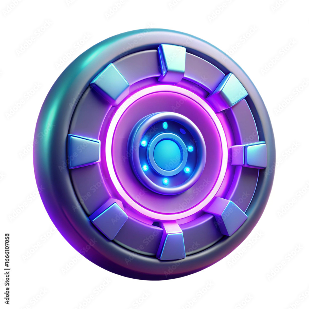 Poster futuristic round button with glowing neon lights isolated on transparent background