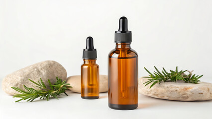 Amber Serum Bottle and Skincare Toner with Greenery &ndash; Natural Beauty and Organic Cosmetic Concept