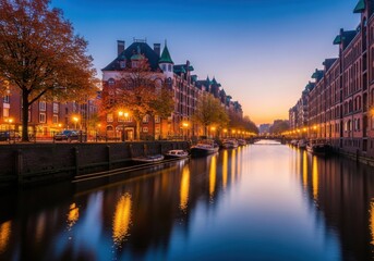 Obraz premium Illuminated buildings reflect on the canal waters of Hamburg at dusk