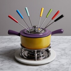 Obraz premium A vibrant fondue set featuring a colorful enamel pot and utensils.