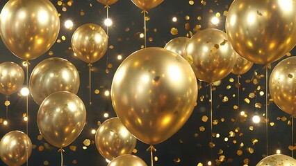 premium 4k cinematic clip showcasing shimmering golden balloons floating elegantly against a dark glowing background with sparkling confetti reflecting light creating glamorous luxury party - Powered by Adobe