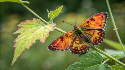 Obraz premium A beautiful butterfly resting on a green plant with leaves in a natural outdoor setting closeup view