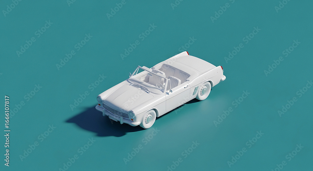 Poster miniature white car model on a teal background with soft shadows suggesting movement and depth