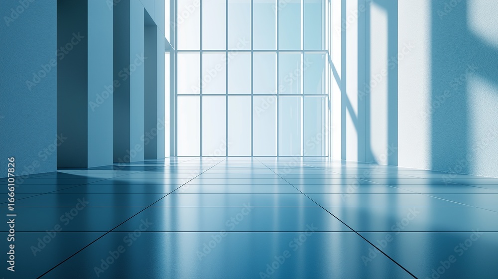 Poster bright blue tile floor in empty room with large windows, reflecting light to create spacious modern 