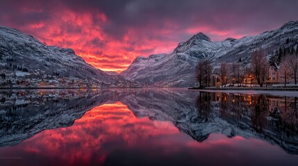 Crimson Sky Reflects on Still Mountain Lake