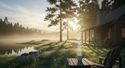 Morning tranquility with steaming beverage near rustic lakeside cabin scene