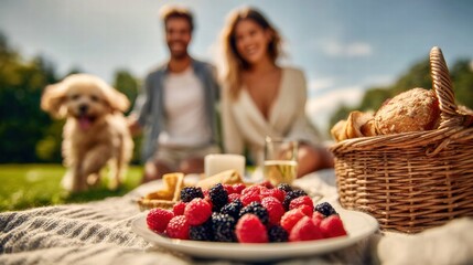A couple enjoys a picnic with their dog on a sunny day in the park.