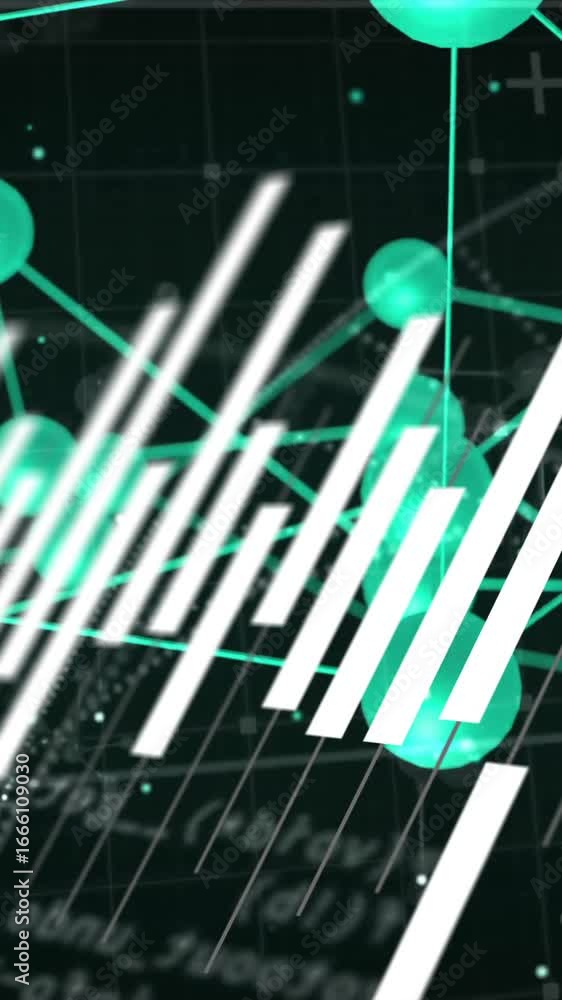 Poster animation of financial data processing and connections over black background