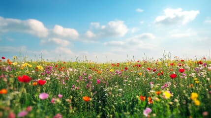 Fototapeta premium Beautiful wildflowers blooming in a meadow under a bright blue sky.