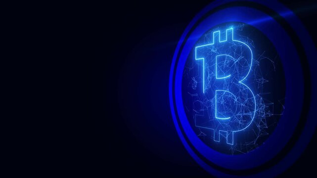 Futuristic blue with glowing Bitcoin symbo, representing cryptocurrency, blockchain, and digital finance.