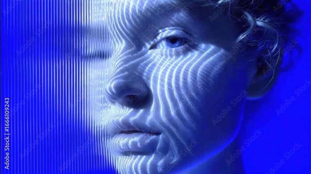 Poster this artistic portrait features a face with blue light creating a unique wave pattern across the ski