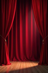 Deep red curtain sweeps back, showcasing bare stage, ballet, scarlet