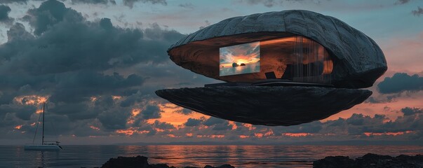 Futuristic floating house design with stunning sunset view over the sea.
