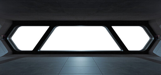 Black spaceship interior with isolated cut out transparent window. Futuristic dark starship with glowing lights © sdecoret