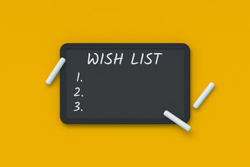 Wish list words on chalkboard. Desired gifts for Christmas, New Year or birthday. Business goals. Request for necessary things. Wanted items to buy. 3d render