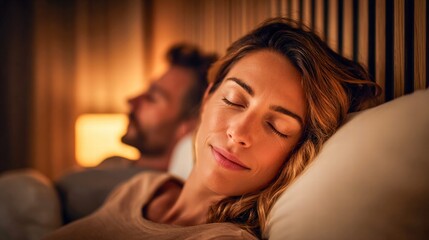 A woman peacefully sleeps beside a man in a cozy and intimate bedroom setting at night.