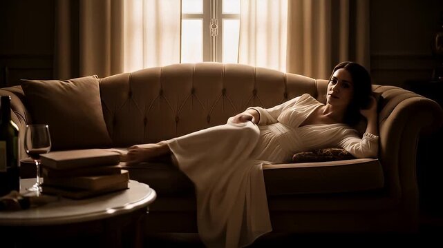 Elegant Woman Relaxing on Sofa with Wine and Books in Warm Light