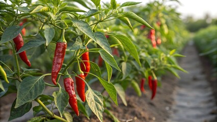 Close up of red chili peppers growing on a plant in a field on a sunny day with green leaves