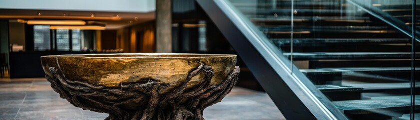 Fototapeta premium Modern interior design showcasing an artistic wooden bowl in a luxurious setting.