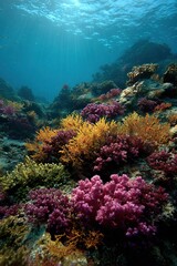 Fototapeta premium Underwater scene with vibrant coral reefs. Various colors of coral, including pink and orange, are visible. Sunlight filters through the water, creating a serene atmosphere.