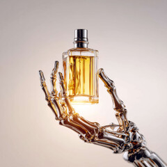  Fragrance bottle presented on a metallic skeletal hand against a neutral backdrop