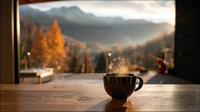 Enjoying a cozy autumn morning with a warm cup of coffee, perfect for holiday preparation.