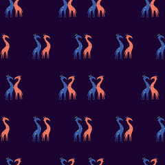 Seamless giraffe pattern on dark background. Romantic animal couple. Perfect for Valentine's Day, kids, textile, and wrapping paper