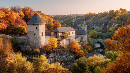 Obraz premium An old castle stands proudly amidst the beauty of a golden autumn landscape.