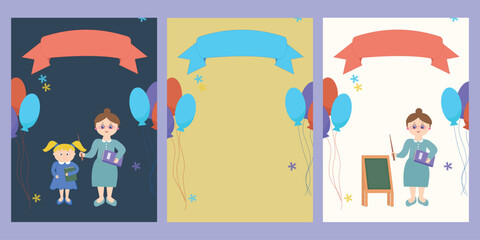 Back to school poster set with teacher, pupil, balloons and ribbons. Colorful vector flat art with copy space, ready for greeting or announcement.