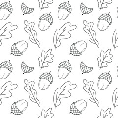 Vector seamless black and white pattern of acorns and oak leaves, minimalist autumn design for seasonal backgrounds, crafts, and fall decor.