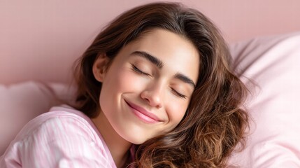 Fototapeta premium A peaceful woman smiles with her eyes closed while relaxing in bed on a pink pillow.