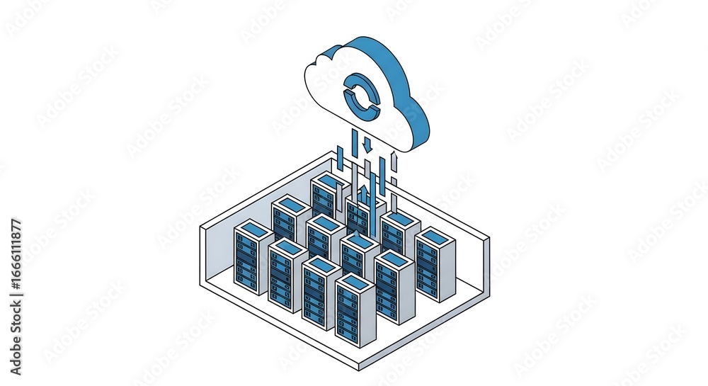 Aufkleber isometric cloud data center servers network synchronization vector illustration technology digital s