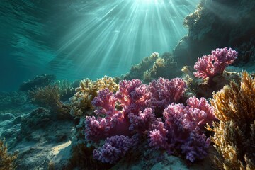 Obraz premium Underwater scene with vibrant coral reefs. Colorful corals in shades of pink and purple, surrounded by clear blue water and sun rays penetrating from above.