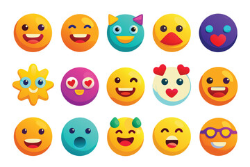 Assortment of Fifteen Playful Cartoon Emoji Faces and Symbols on White Background emoticon smile